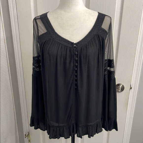 Buffalo David Bitton Black Ruffled Blouse with Sheer Details Size M - Picture 1 of 13